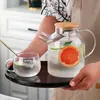 Chaleira de Chá de Vidro Borossilicato Alto Resistente ao Calor Transparente Chaleira de Chá de Flores Grande Capacidade Infusor de Chá Tampa de Bambu Jarra de Vidro para Água Fria