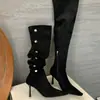 Botas de tacón de aguja de punta fina estilo retro francés de alta gama para mujer, nuevo modelo de otoño con remaches, uso versátil de tres maneras, botas largas adelgazantes