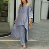 Conjunto de dos piezas de traje irregular de manga larga, pantalones anchos y talla grande, estilo casual, de algodón y lino, para mujer de Europa y América del 2024