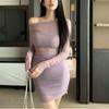 [Venta al por Mayor Transfronteriza] Sexy Top de Malla Morado de un Hombro y Manga Larga Verano Pura Lujuria Ajustado Falda Corta Ceñida a las Caderas Conjunto de Dos Piezas
