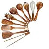 Espátula Pequeña de Madera de Acacia, Espátula de Madera para Sartén Antiadherente, Cuchara Sopera de Madera con Mango Largo, Cuchara Pequeña de Madera para Arroz, Juego de Espumadera para Fideos de Madera de Teca