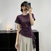 Diseño único con cintas, corte ajustado, nueva camiseta blanca de manga corta con cuello redondo para mujer, estilo ins, morado