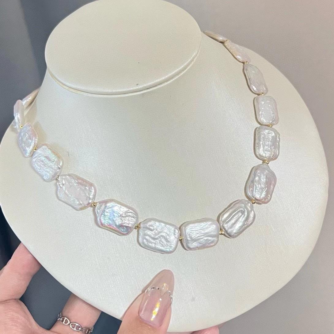 方块巴洛克两件套装天然强光方巴洛克淡水珍珠14k注