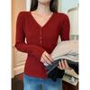 Camisa Básica Chic de Malha de Alta Qualidade para Mulheres no Início do Outono, Gola V Justa com Botões, Ajuste na Cintura, Camada Interna Rejuvenescedora