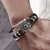 Amazon Más Vendido Transfronterizo Estilo Retro Cuerda Elástica Multicapa Tejido a Mano Sombrero de Vaquero Pluma Pulsera de Cuero para Hombre