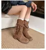 Primer Encuentro Ji Estilo Desierto Retro Botas de Montar con Borlas Tacón Grueso Botas Largas Hasta la Rodilla Botas de Media Pierna Fruncidas Adelgazantes Mujer