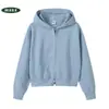 Sudadera con capucha de peso pesado para mujer, 400 g, mezcla de algodón, con cremallera, moda para mujer, sudadera corta con capucha, chaqueta con logo estampado