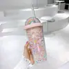 Taza de Plástico Transparente de Doble Capa con Tapa de Fábrica Taza de Agua Arcoíris Unicornio Taza con Pajilla para Dar Forma al Paisaje