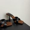 Sandalias de Tacón Alto de Aguja con Tira Cruzada y Punta Cuadrada Estilo Europeo y Americano Chanclas Combinadas en Color Verano 2025 Nuevas con Punta Abierta