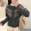 Cardigan Tricotado Jacquard de Cor Contrastante Estilo Coreano para Mulheres, Estilo Curto Solto, Peça de Roupa Estilo Preguiçoso, Nova Jaqueta Suéter Outono e Inverno