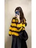 Suéter con Bloques de Color Rayas Marrón Melanoidio Amarillo para Mujer Otoño Invierno Estilo Coreano Holgado Estilo Perezoso Parte Superior Capa Interior Ropa Exterior Tejido