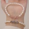 Pulsera de Perlas de Agua Dulce Naturales Pulsera de Perlas de Cuentas de Arroz Pequeñas Pulsera Versátil de Moda Simple de Cristal de Fresa Gris Azul Luz de Luna