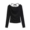Camiseta Preta Manga Longa Gola Alta Ombro a Ombro para Mulheres, Design Aderente que Valoriza a Silhueta para a Primavera, Top Interno Justo