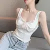 Camisola de Renda Patchwork com Corrente de Pérolas Estilo Francês Puro Desejo para Mulheres, Top de Outerwear Verão com Amarração Menina Picante Nicho