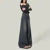 Jeans Azul Vintage Nostálgico de Perna Larga para Mulheres, Nova Tendência de Outono Calça de Cintura Alta Solta Modeladora Caída Comprimento Total