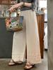 Calça de Linho Wide-Leg com Bordas Franzidas para Mulheres, Novo Estilo Verão 2026, Caimento Relaxado, Emagrecedora, Cintura Alta, Calça Casual Cropped