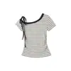 Camiseta de Manga Corta a Rayas Estilo Coreano Hombros Descubiertos para Mujer Verano 2026 Nuevo Súper Linda Chica Picante Adelgazante Favorecedor Crop Top de Hombros Descubiertos