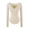 Estilo girl poderosa semi-aberto decote V profundo manga longa camisa base feminina outono novo estiloso versátil justo modelador top rosa