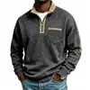 Sudadera Casual Holgada de Manga Larga para Hombre 2026 Transfronteriza Otoño/Invierno con Media Cremallera, Cuello Alto y Bolsillos de Parche en Contraste de Color