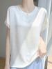 25 Años Nuevo Estilo Verano Francés Satén Cuello Redondo Manga Corta Camiseta para Mujer Color Puro Plisado Holgado Jersey Camisa Base Top
