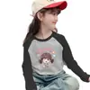 Estilo Coreano Mistura de Lã Raglan Manga Longa Casual Camada Base Top Outono Inverno Meninas Fashionável Doce Estiloso Desenho Animado Gola Redonda Camiseta