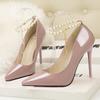 740-2 Moda Coreana Zapatos Elegantes de Mujer Tacón Fino Tacón Alto Boca Baja Puntiagudos Perla Pedrería Zapatos de Una Capa