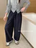 Pantalones de abuela de estilo relajado para mujer, pantalones de pierna ancha fluidos de cintura alta con cordón, pantalones casuales rectos sueltos estilo coreano de nueve puntos 805