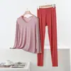 Nuevo conjunto de dos piezas para mujer, camiseta básica de manga larga con cuello en V de modal y pantalones, conjunto ligero de ropa casual para el hogar talla grande