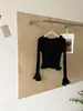 Top de punto con temperamento de deseo puro francés con ribete de encaje para mujer Otoño Invierno Absolutamente Hermoso Top Adelgazante de Manga Acampanada