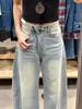 Jeans vintage azul lavado de cintura alta e perna larga para mulheres, novo estilo outono, tamanhos grandes, corte solto, emagrecedor, bainha curva, calça comprida