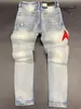 Jeans Bordados con Letras Estilo Retro Americano para Hombre, Estilo Nuevo, Lavados y Desgastados con Parches, Pantalones Skinny Versátiles de Corte Ajustado