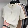 Camisa de Punto Jacquard Transpirable de Seda Helada para Hombre, Manga Corta, Cuello Solapa, Estilo Coreano Moderna Ajustada Versátil Casual para Hombre