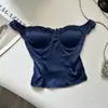 Top de encaje sexy vintage strapless azul de tiras con escote en V para mujer
