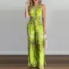 Roupas femininas mais vendidas no exterior: Loja independente do AliExpress, macacão de malha com estampa digital, pernas largas, gola halter, detalhe de amarração e fenda
