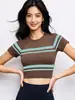 Camiseta de Yoga Rayada de Color Contrastante para Mujer, Secado Rápido, Transpirable, Corte Ajustado, Top Deportivo Adelgazante para Fitness y Running, Versátil de Manga Corta