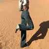 Jeans de pierna ancha estrecha color gris cemento para mujer, nuevos para Primavera y Otoño 2024, casual, de cintura alta, adelgazantes, elásticos, versátiles, rectos