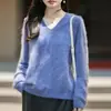 Suéter premium de lana pura sin costuras para mujer, top de punto cepillado con cuello en V, estilo otoño e invierno, suéter casual de corte holgado