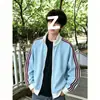 Chamarra de punto gofre blanco con tres rayas, chamarra deportiva para hombre de otoño color block con cuello alto, sudadera tipo cárdigan de alta gama para pareja