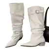 Novas botas de cano alto plissadas com cano largo, bico fino, tira com fivela, botas longas, design de nicho 2026, caídas, botas de montaria, femininas