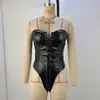 Macacão Europeu e Americano Transfronteiriço Feminino 2024 Moda Tomara que Caia Costas Abertas Alça de Espiga PU Slim Fit Emagrecedor Macacão Feminino