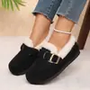 Pantuflas de invierno retro de color liso con hebilla y punta cerrada para mujer, para usar en exteriores, zapatos de algodón afelpado, dropshipping transfronterizo