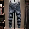 Jeans masculinos de alta qualidade, corte slim, marca da moda, lavagem com efeito 'cat scratch', calça masculina slim fit elástica azul escuro, novo modelo 2023