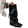 Zapatos Versátiles para Mujer Otoño Circunferencia de Muslo Ajustable Punta Fina Retro con Cordones Patchwork Aumento Oculto de Altura Botas Largas Botas de Moda