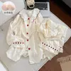 Dulce pijama estilo princesa con sujetador incorporado, de manga larga, adecuado para primavera y otoño, con cuello de muñeca, encaje en forma de corazón y un diseño lindo, perfecto como un cómodo conjunto de ropa de estar en casa