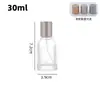 Botella de perfume de vidrio simple con tapa de aluminio mate o tapa de madera, botella con atomizador, disponible en múltiples tamaños, botella vacía recargable de perfume portátil, botella transparente
