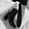Botas de Cano Curto com Salto Bloco Marrom Chuyuji para Mulheres 2026 Outono/Inverno Novo Estilo Francês Zíper nas Costas Salto Alto Bico Quadrado Elásticas Ajustadas