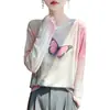 Nueva Colección Primavera-Verano 2026 Camiseta de Punto con Mangas Largas, Cuello Redondo, Holgada, Pintada, con Protección Solar, Estampado Artístico para Mujer
