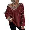 Moda Casual Feminina Decote V Outono e Inverno Novo Solto Versátil Design Listrado Color-Blocking Confortável Macio Suéter de Tricô de Manga Longa