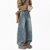 Jeans de Mezclilla Lavada con Pliegues Retro para Hombre Rectos Sueltos Deconstruidos Guadaña Pierna Ancha Pantalones Americanos High Street Modernos Versátiles