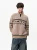 Suéter cardigan de tricô estilo étnico Fair Isle para homens e mulheres, jaqueta casual de outono com zíper e gola alta, top versátil